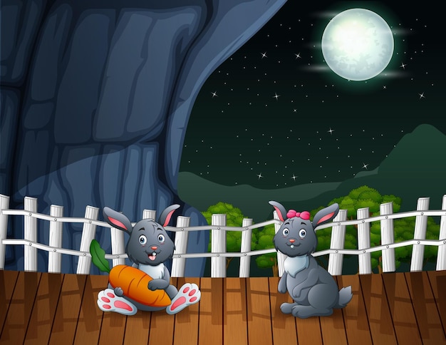 Desenho de coelhos fofos desfrutando da paisagem noturna