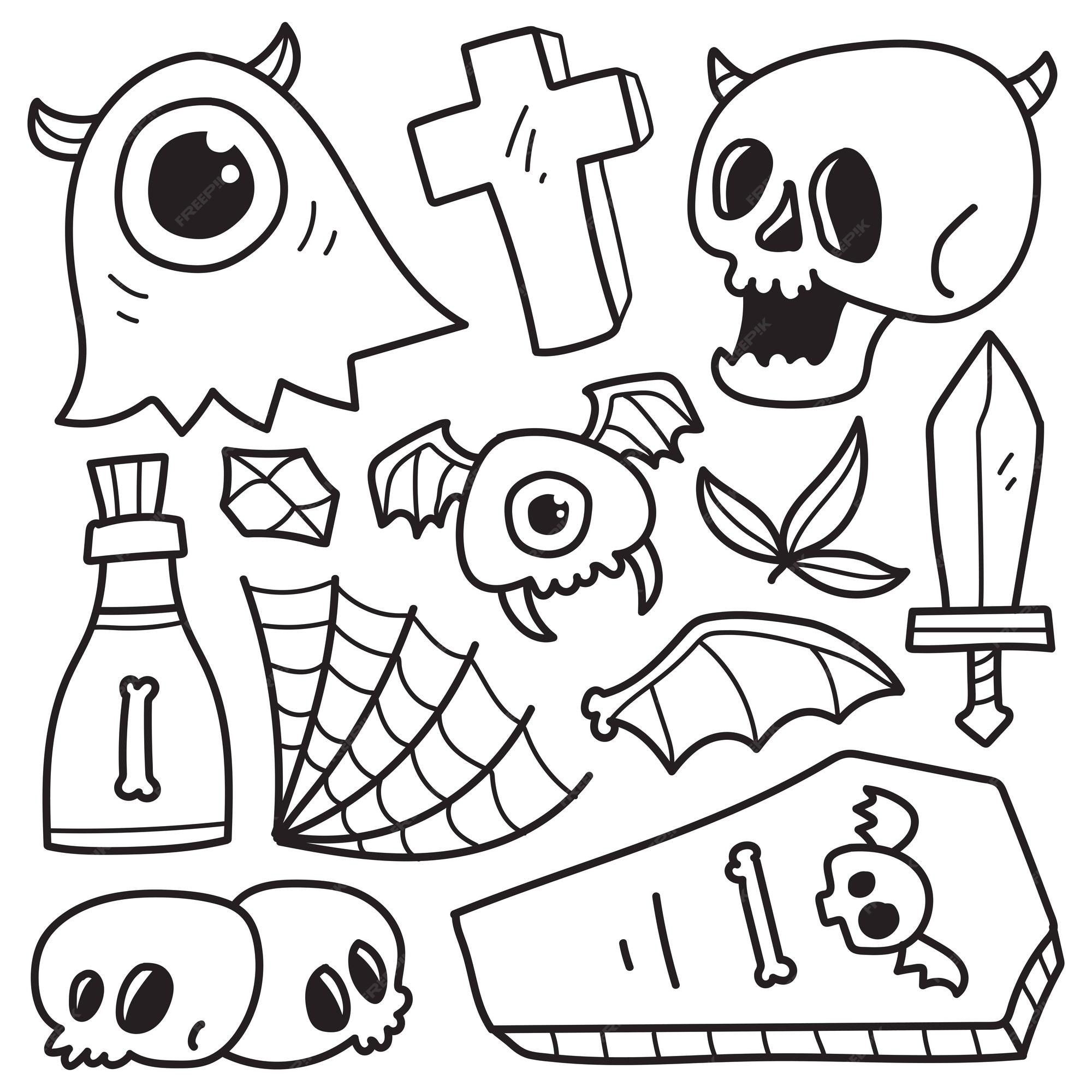 coleção de monstros de halloween doodle desenho como jack o'lantern,  fantasma, bruxa e muito mais. 3541107 Vetor no Vecteezy