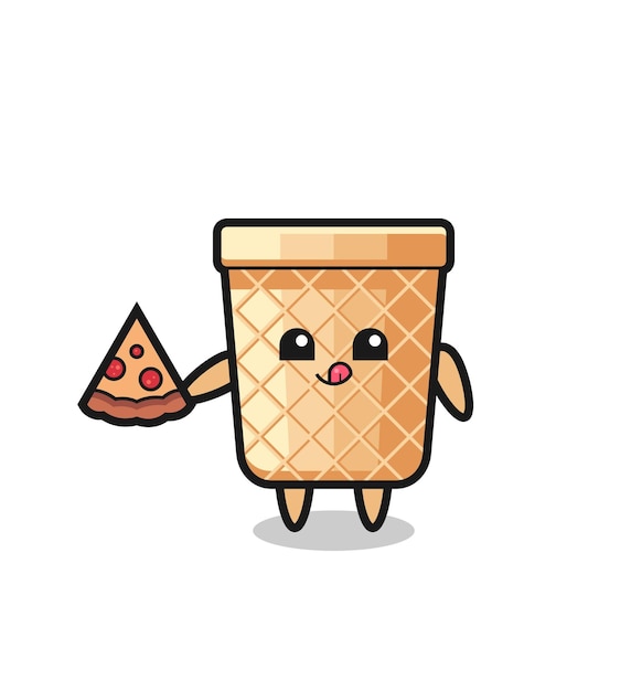 Desenho de cone de waffle fofo comendo pizza