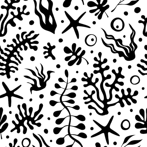 Desenho de contorno de elementos subaquáticos, algas, coral, padrão sem costura