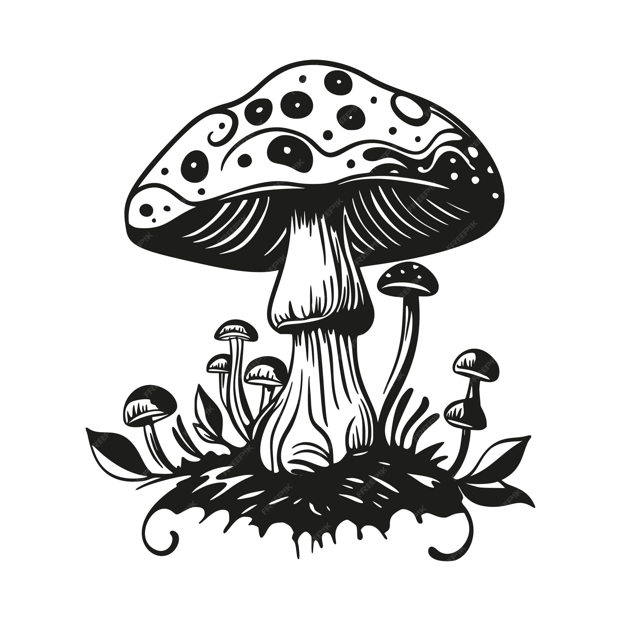 arte de linha de cogumelo e fundo de ilustração de tinta. detalhes do fungo  para livro de colorir adulto. desenho de linha preta. para livro de colorir,  pôster, vestuário, banner, plano de