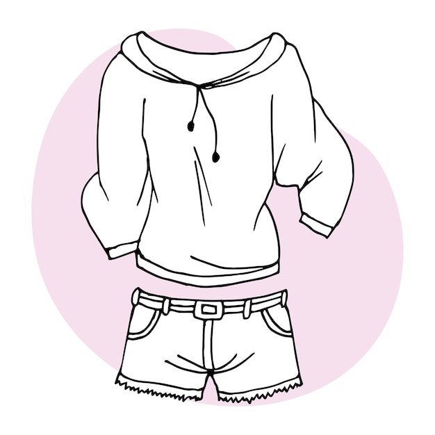 Desenho de contorno de roupas femininas, blusa e shorts. desenho de linha à  mão para colorir. imprimir