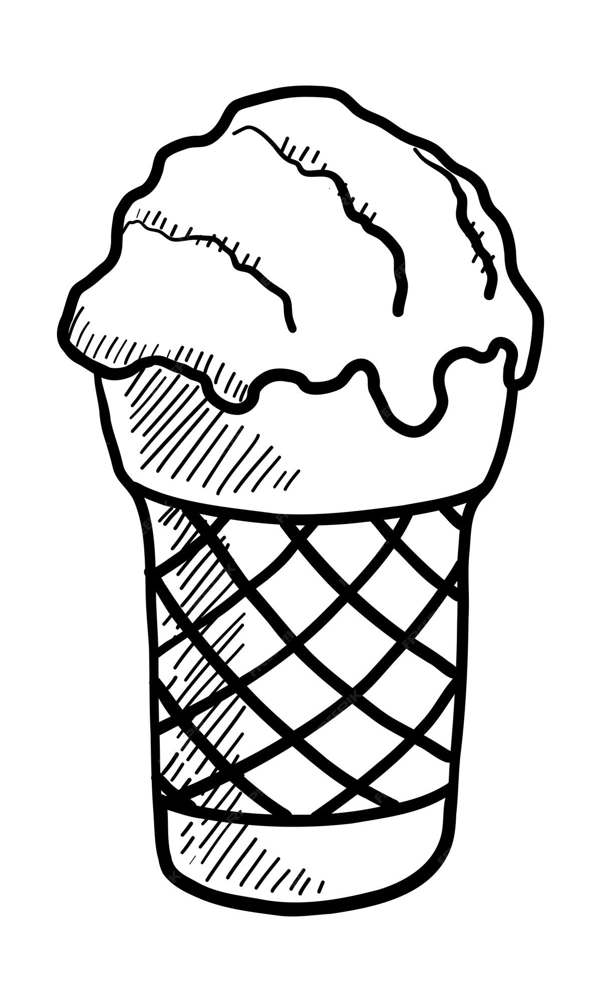 cone de waffle de sorvete kawaii isolado no fundo branco. sorvete com  carinha feliz e fofa no estilo doodle. livro de colorir. ilustração  vetorial 11589444 Vetor no Vecteezy