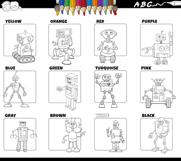 Desenho de cores básicas com conjunto de personagens de robôs para colorir