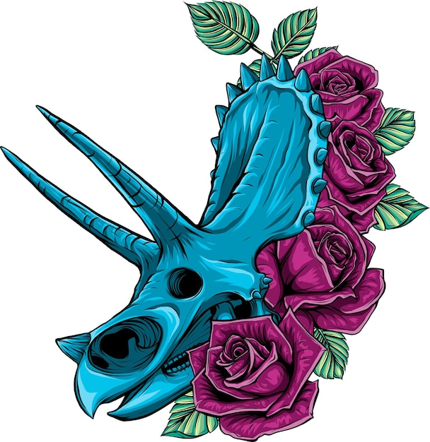 Vetor desenho de crânio de triceratops com rosa