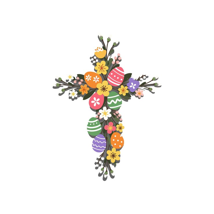 Vetor desenho de cruz floral com ovos de páscoa coloridos em arte vetorial plana