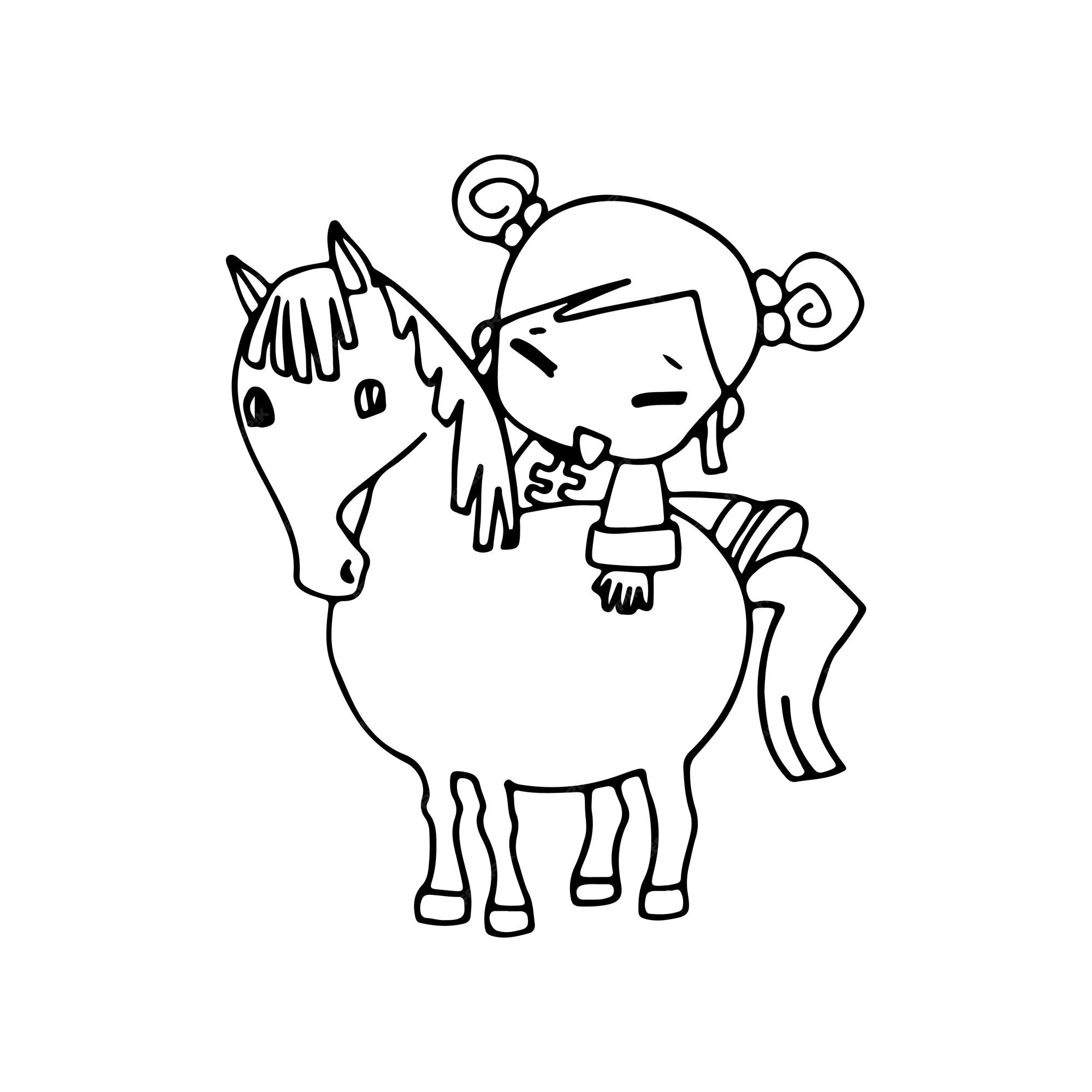 Desenho de desenho animado bonito e feliz garota chinesa montando um cavalo,  esboço de desenho infantil, personagem infantil