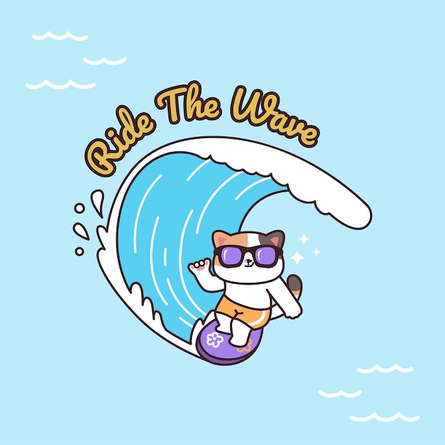 Desenho de desenho animado de gato fofo surfando com ondas no verão