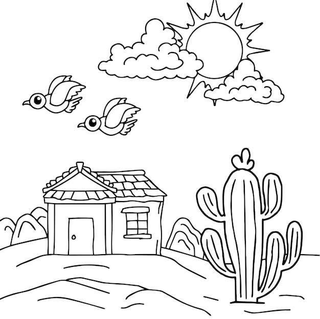 Desenho de desenho de paisagem desértica para colorir para criança