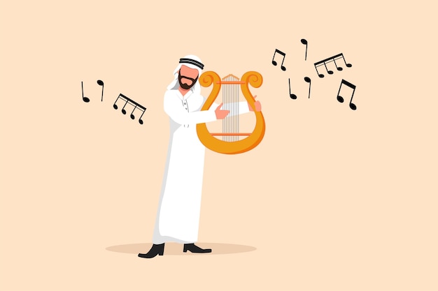 Desenho de design de negócios músico masculino árabe tocando lira artista de homem de orquestra de música clássica com instrumento musical músico profissional se apresenta no palco ilustração em vetor estilo cartoon plana