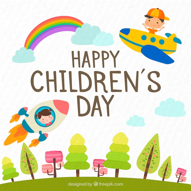 Desenho de dia infantil com avião e foguete
