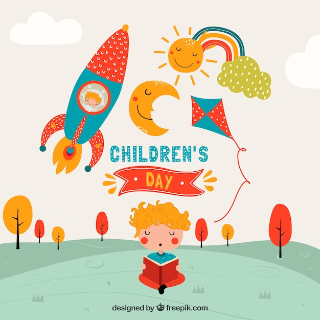 Desenho de dia infantil com foguete
