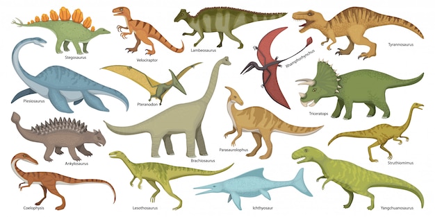 Vetor desenho de dinossauro isolado ícone definido. desenhos animados definir ícone animal dino.