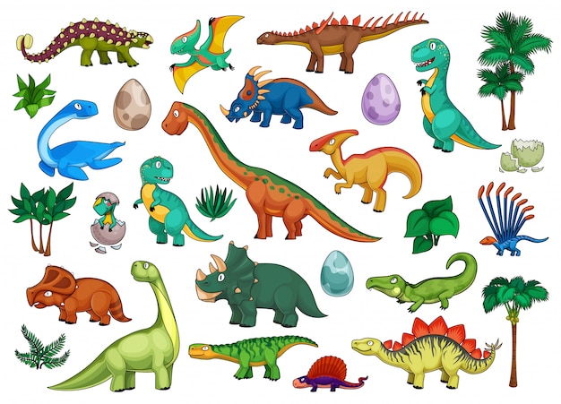 Conjunto de desenhos animados de dinossauros com nomes vetor(es) de stock  de ©macrovector 454621906