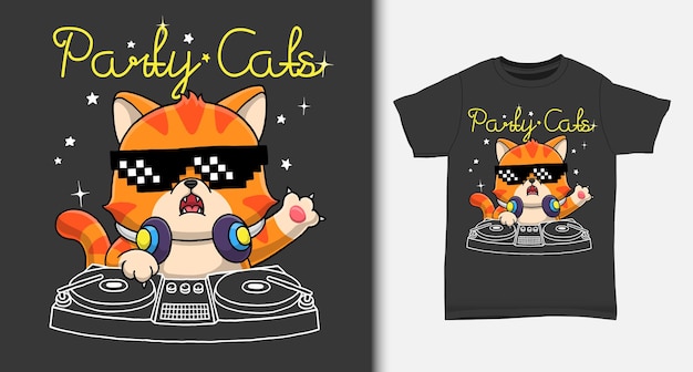 Vetor desenho de disco-jóquei de gato legal com design de camiseta