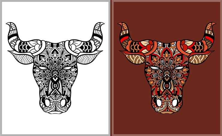 Vetor desenho de doodle de cabeça de touro colorido desenho de touro para colorir