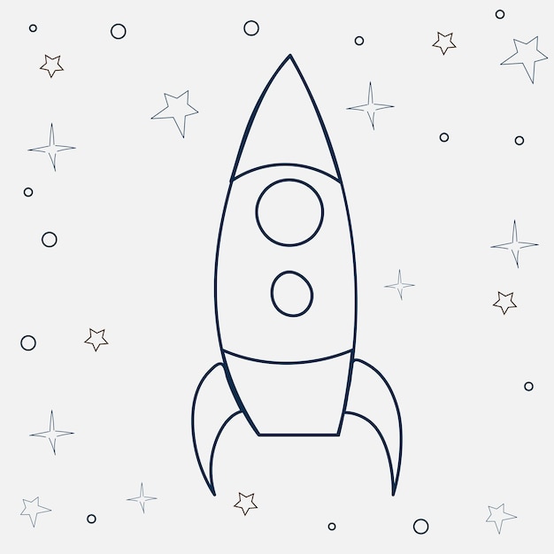 Desenho de doodle de foguete espacial no fundo do céu estrelado