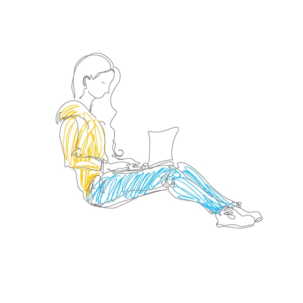 Desenho de doodle minimalista de menina sentada com laptop