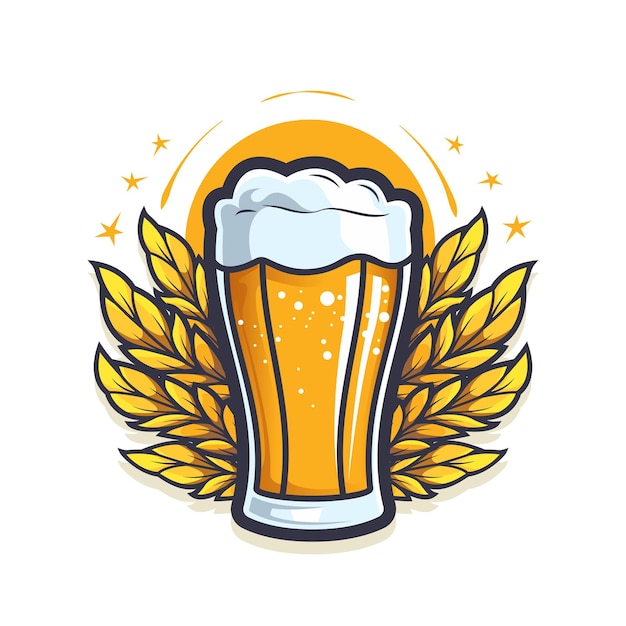 Vetor desenho de emblema de vidro de cerveja no fundo de uma coroa de trigo