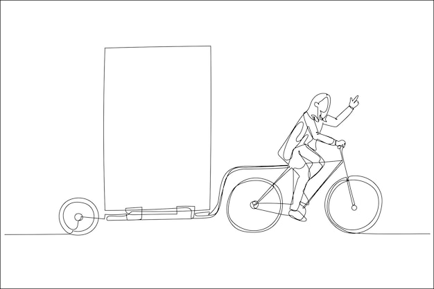 Desenho de empresária andando de bicicleta com o conceito de trailer outdoor de arte de estilo de uma linha de propaganda ao ar livre