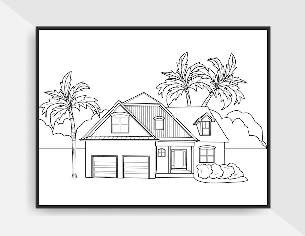 Desenho de esboço de paisagem de casa para colorir página ou pôster