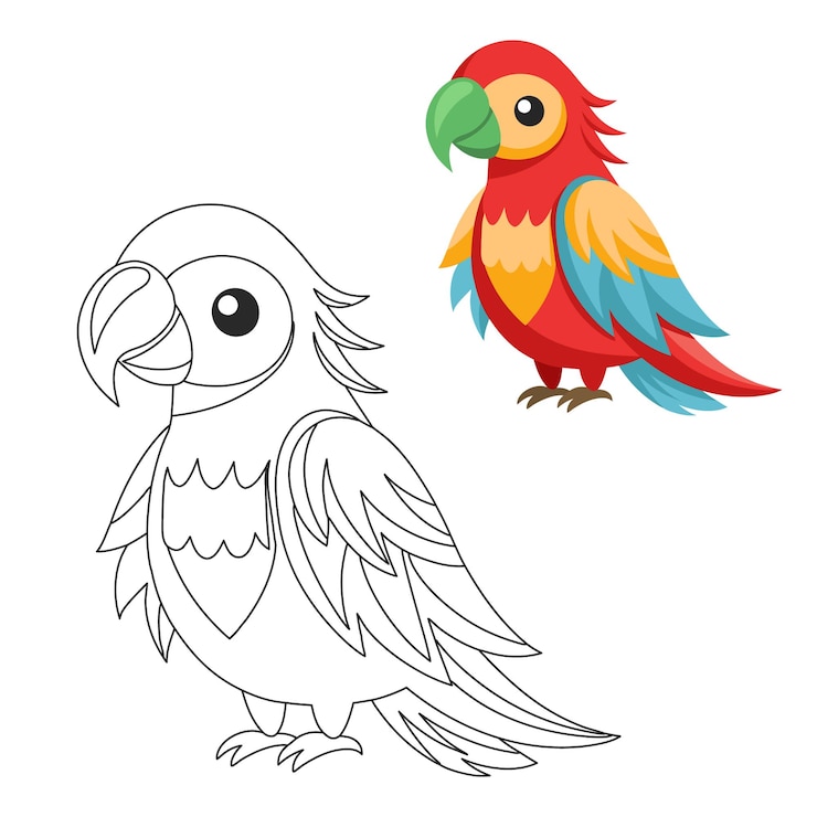 Vetor desenho de esboço de papagaio bonito para crianças para livro de colorir e ilustração pássaro macau de desenho animado bonito