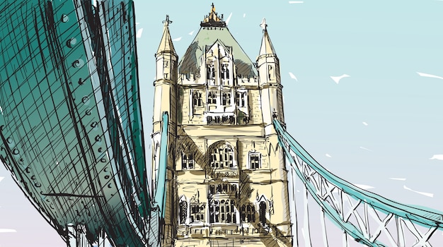 Desenho de esboço em londres, inglaterra, mostra a tower bridge, ilustração