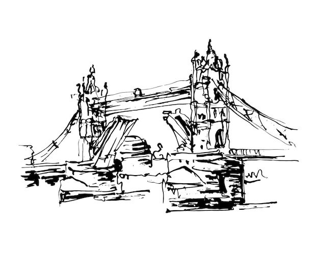 Desenho de esboço em tinta preta e branca do famoso lugar tower bridge em londres, ilustração vetorial