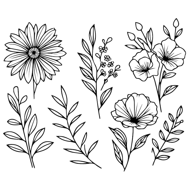 Vetor desenho de esboço gráfico botânico minimalista desenho de tatuagem minúscula de moda elementos florais vetor