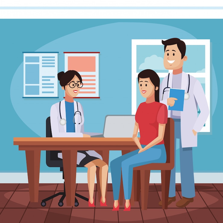 Vetor desenho de escritório de médicos com paciente