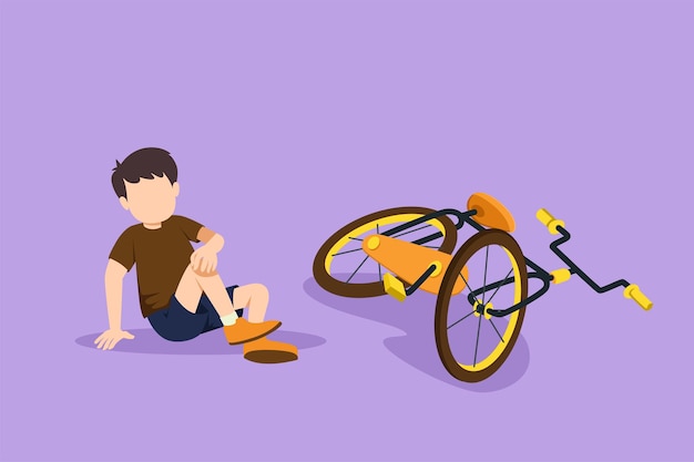 Vetor desenho de estilo plano de desenho animado de menino infeliz caído de bicicleta. acidente de bicicleta. crianças caídas danificadas bicicletas quebradas transporte crianças acidentes ajudando pessoa. ilustração vetorial de design gráfico