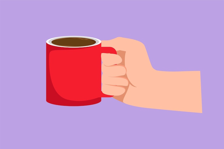 Vetor desenho de estilo plano de desenho animado mão humana está segurando uma xícara de cerâmica com café ou chá mão segura uma caneca quente pelo punho relaxar o tempo da manhã ícone de pausa de café ilustração vetorial de design gráfico