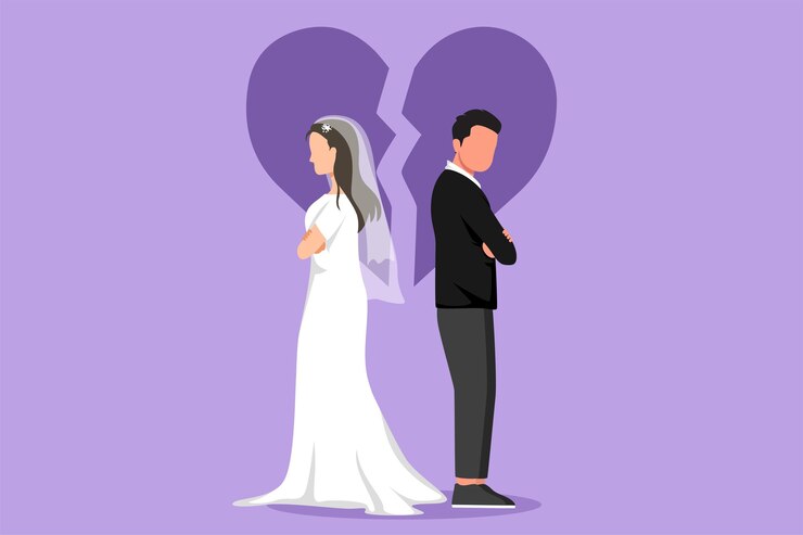 Vetor desenho de estilo simples de desenho animado, casal casado divorciado está com raiva e frustração relacionamento termina casal de coração partido voltado para a direção oposta com vestido de noiva ilustração em vetor design gráfico