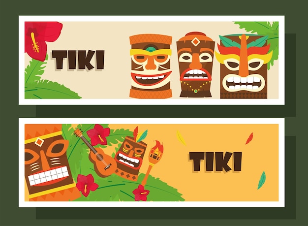 Desenho de etiquetas de desenhos animados tiki de ilustração de verão tropical havaiano