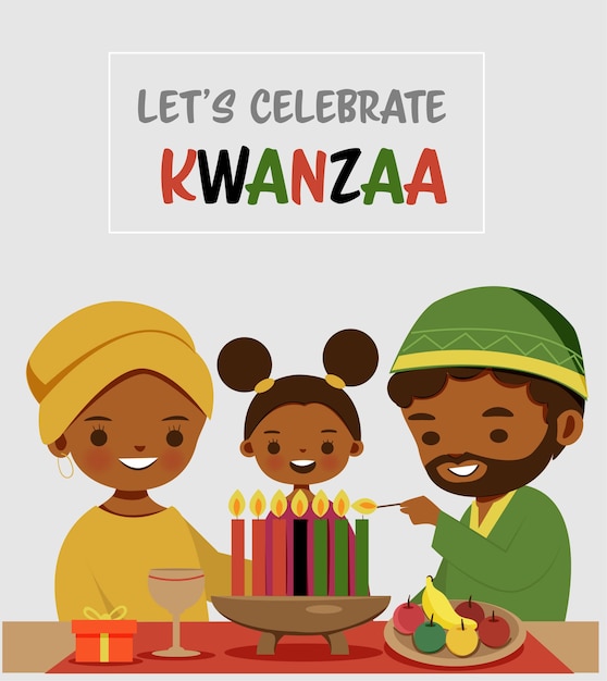 Desenho de família fofo celebrando o festival kwanzaa