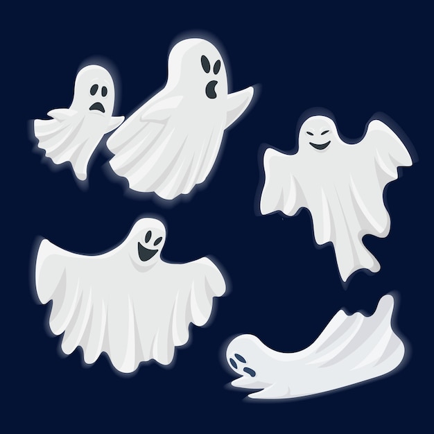 Desenho de fantasmas fofos para ilustração vetorial plana de Halloween em fundo escuro