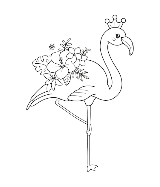 Desenho de flamingo fofo e flores para colorir