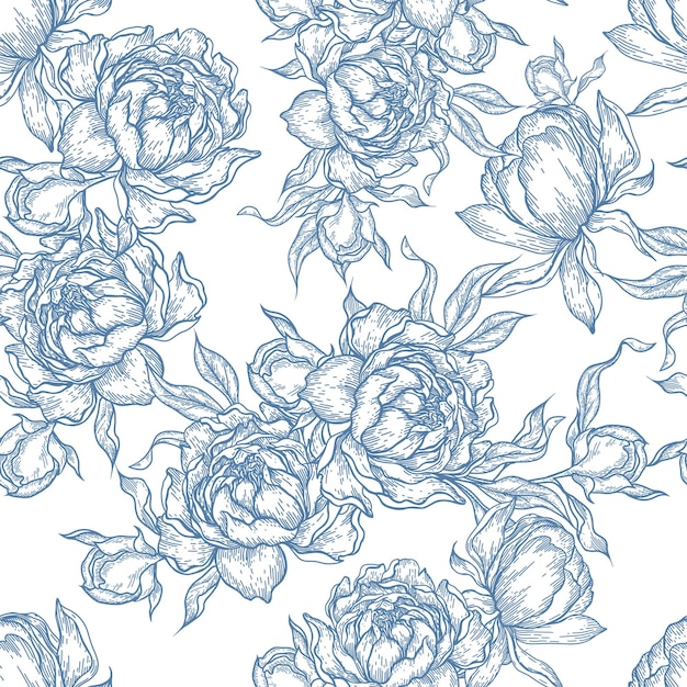 Desenho de flor de peônia desenho sem costura gravura desenhada à mão vetorial