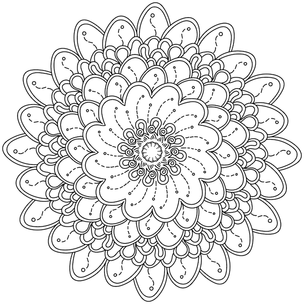 Desenho de flor mandala com sombreamento e pétalas em camadas antiestresse para colorir com motivos naturais