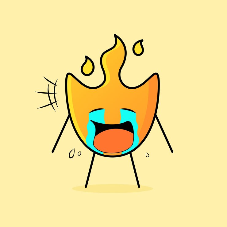 Vetor desenho de fogo bonito com expressão de choro. lágrimas e boca aberta. adequado para emoticon, adesivo