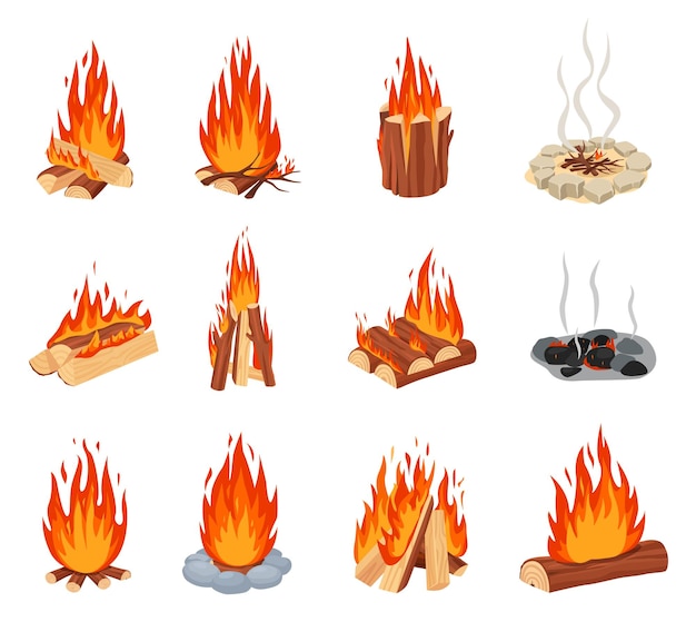 Desenho de fogueiras com chamas de fogo ao ar livre com borda de pedra e conjunto de fumaça