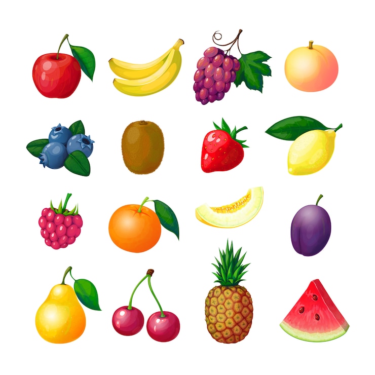 Vetor desenho de frutas e bagas. maçã banana uva pêssego mirtilo kiwi limão morango framboesa melão ameixa pera abacaxi conjunto