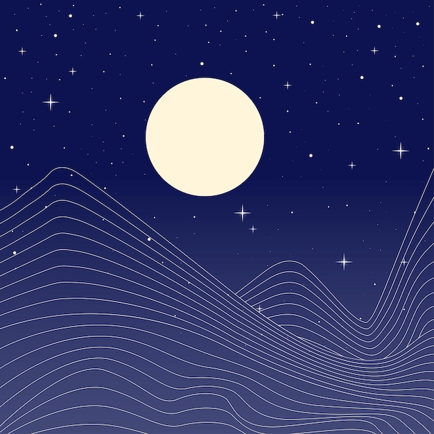 Desenho de fundo abstrato no tema de montanhas, lua e estrelas