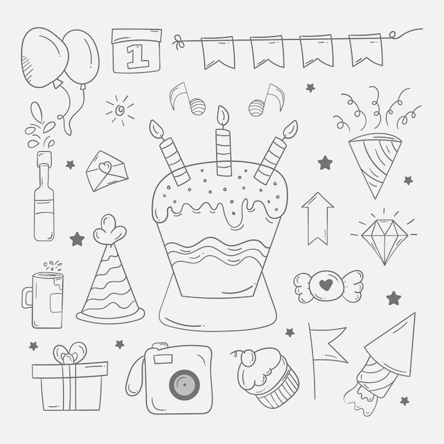 Desenho de fundo de feliz aniversário desenhado à mão