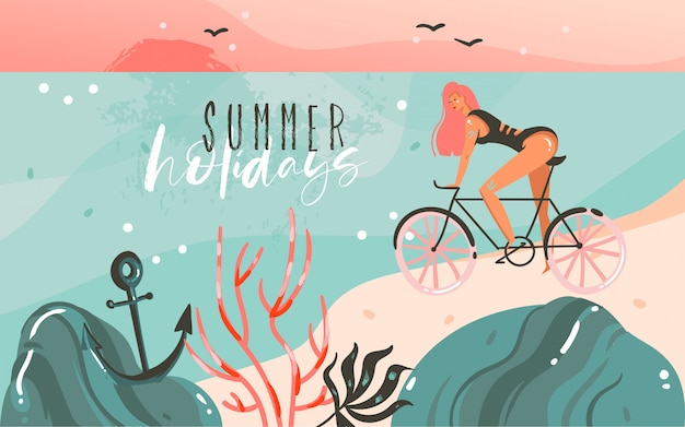 Desenho de fundo de modelo de ilustrações de horário de verão de coon com paisagem de praia do oceano, pôr do sol, menina de beleza de bicicleta e texto de citação de tipografia de férias de verão