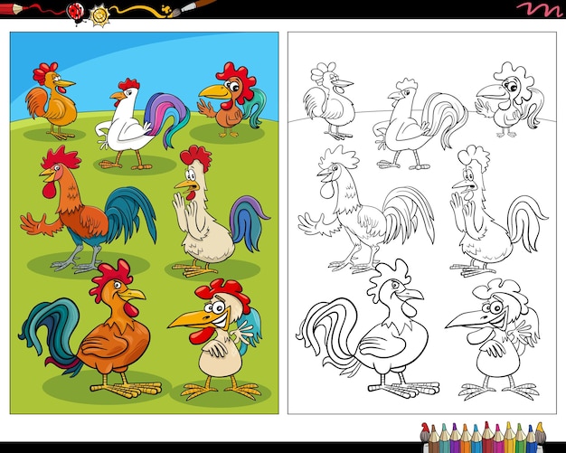 Desenho de galos de desenhos animados pássaros de animais de fazenda personagens para colorir