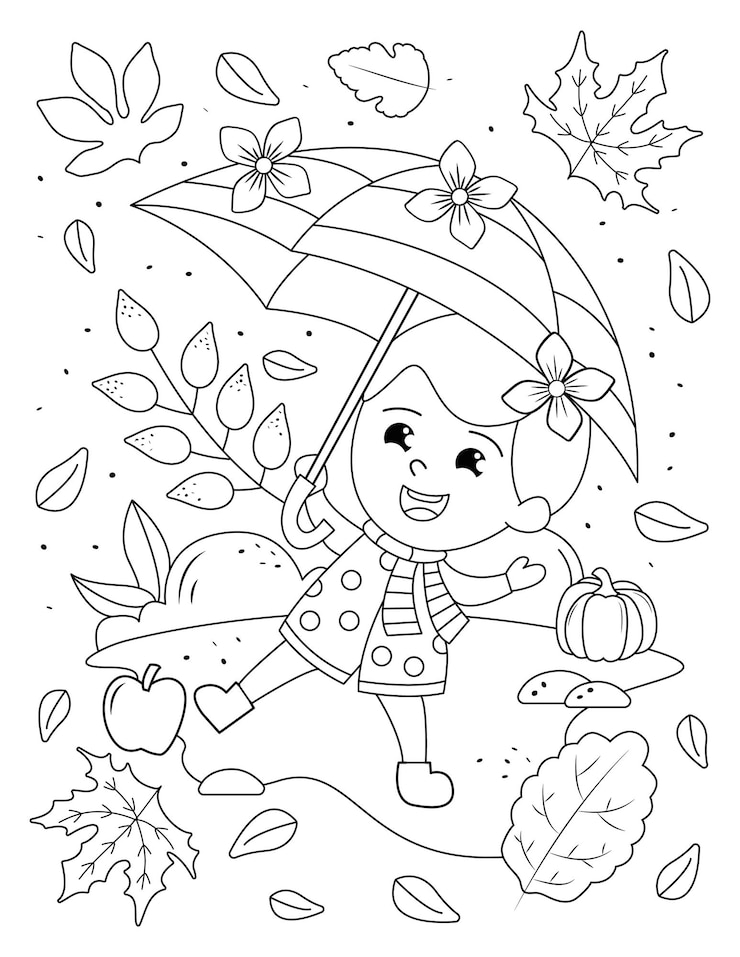 Vetor desenho de garota de outono para colorir