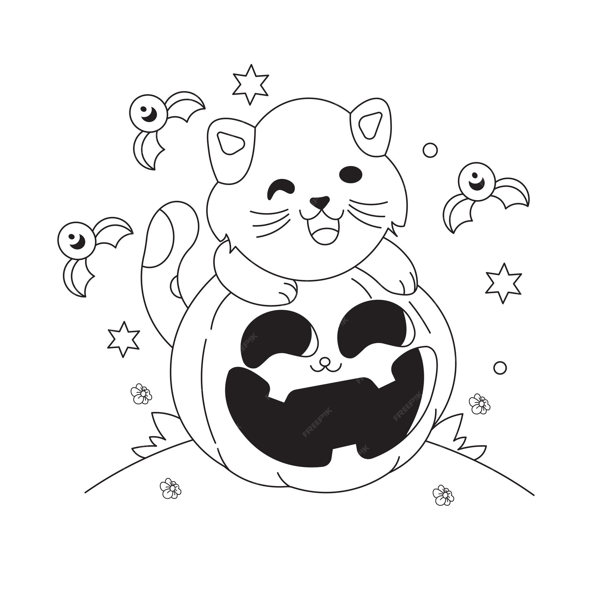 Desenhos para colorir Hello Kitty Halloween com a sua abobora.