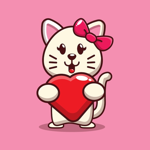 Desenho de gato fofo abraçando coração de amor