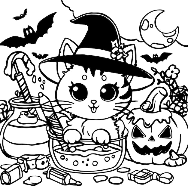 desenho de Gato mágico na noite de Halloween para colorir